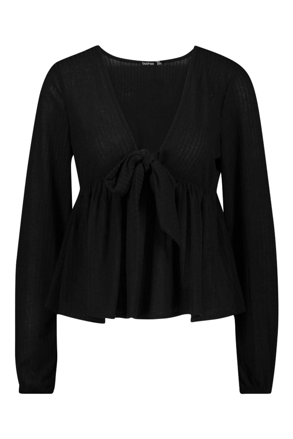 

Свободный топ с баской и рубчатой завязкой спереди, Black