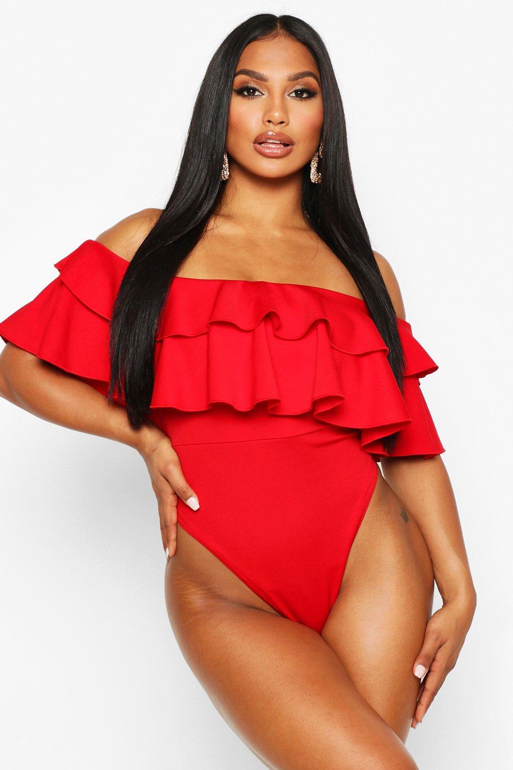 red off the shoulder bodysuit