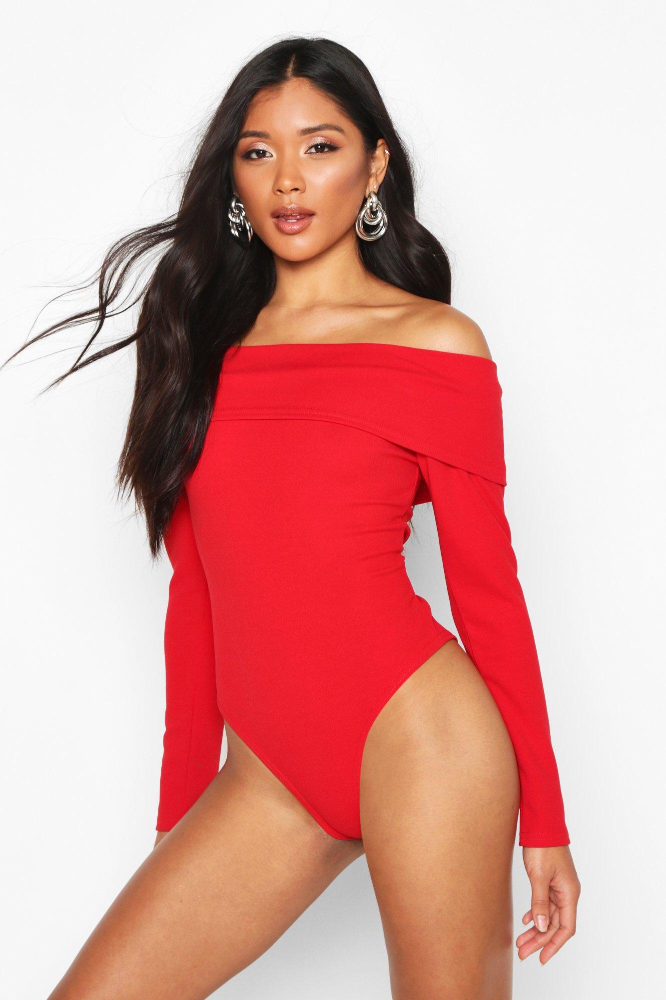 red off the shoulder bodysuit