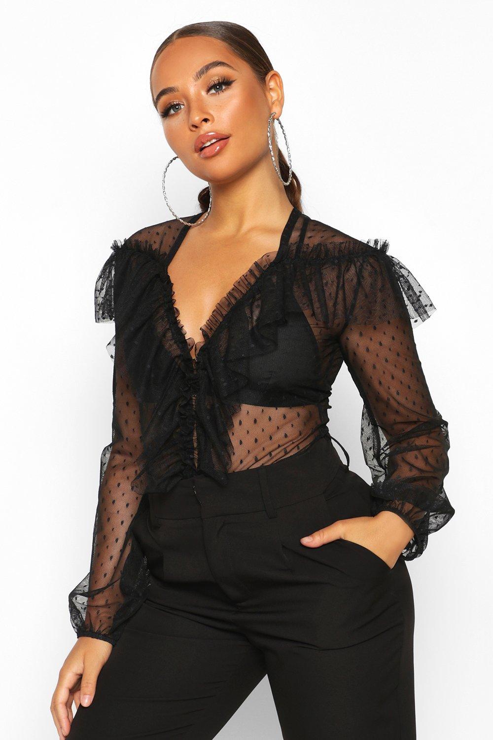 

Сетчатое боди с отделкой оборками и сеткой добби, Black