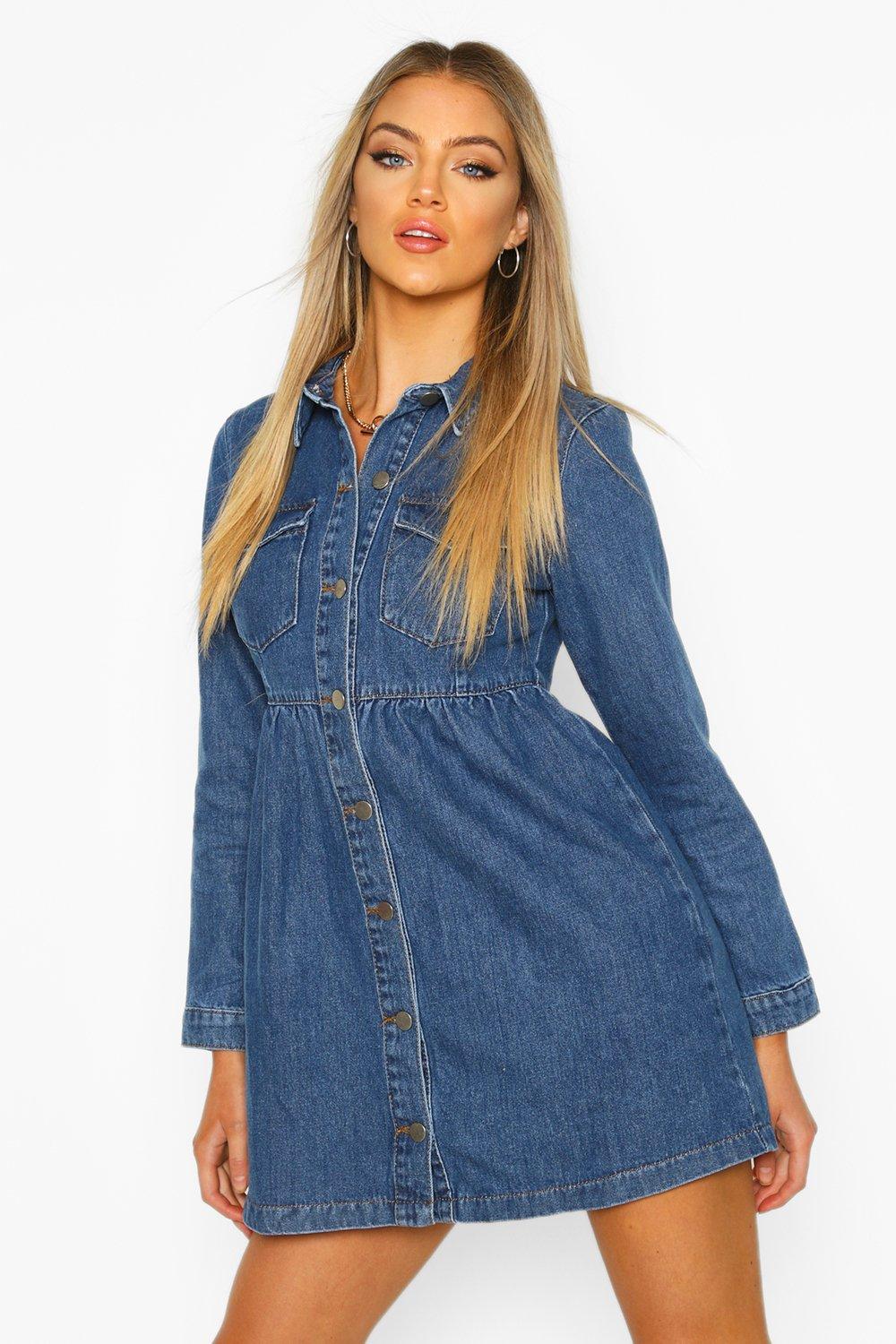 

Свободное платье со сборками с длинными рукавами из денима, Mid blue