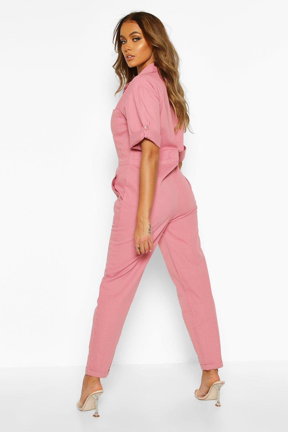 pink denim boiler suit
