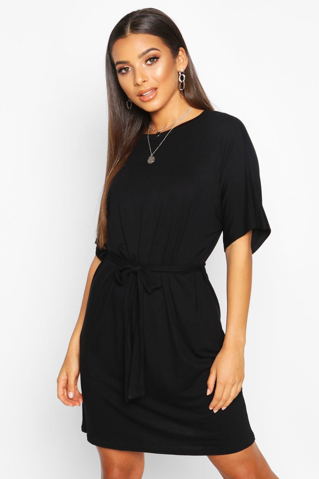 

Трикотажное платье футболка из джерси с поясом, Black