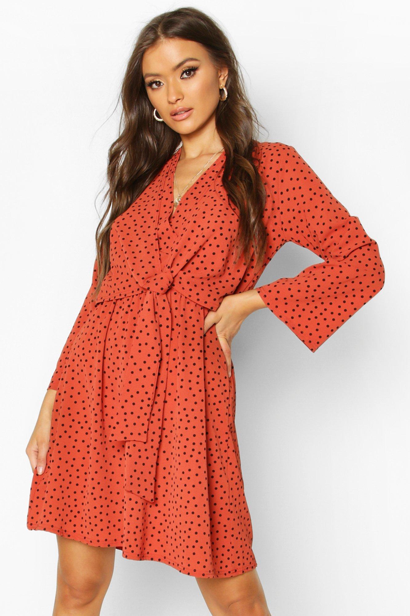 rust polka dot wrap dress