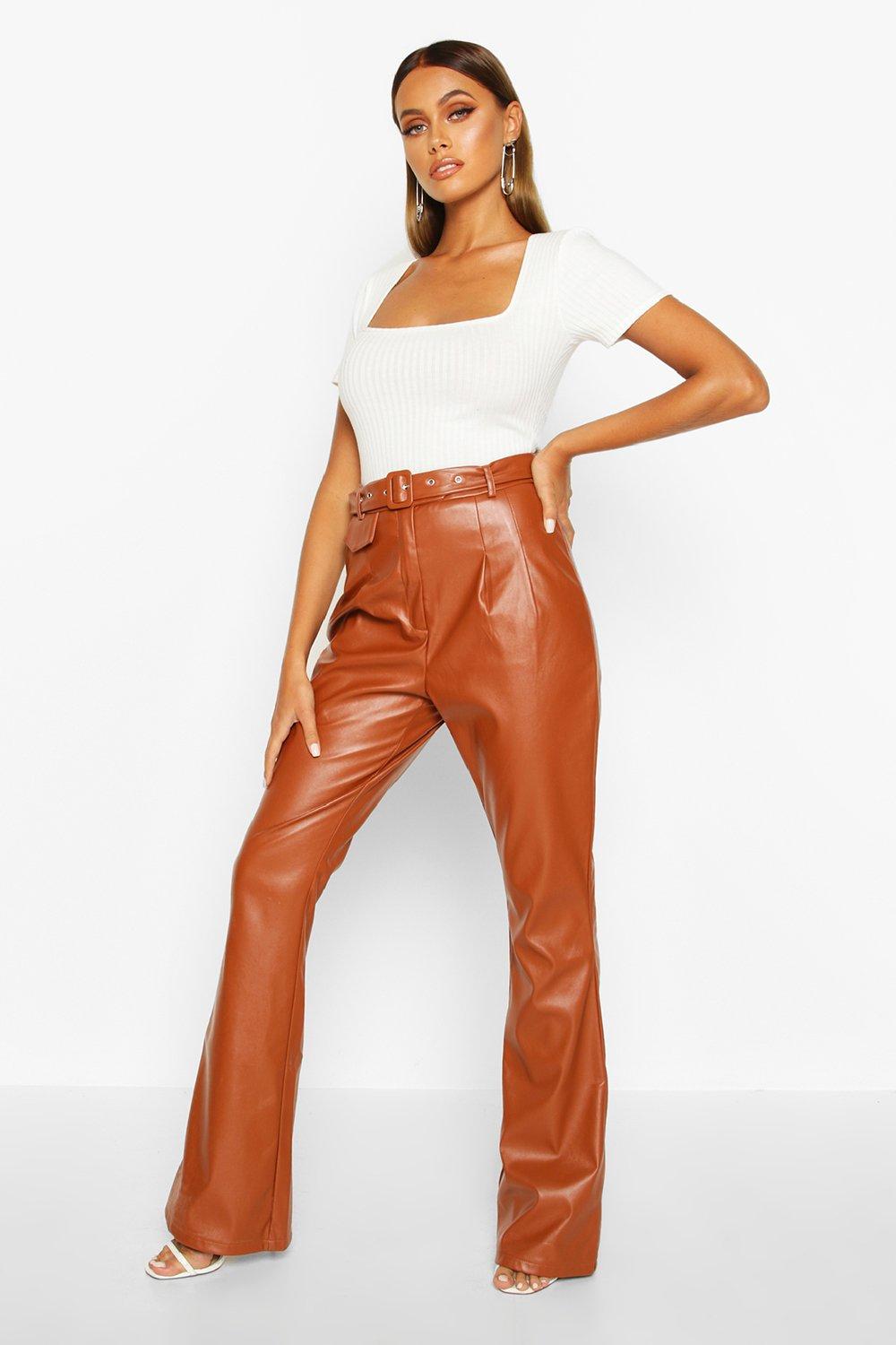 brown leather look trousers