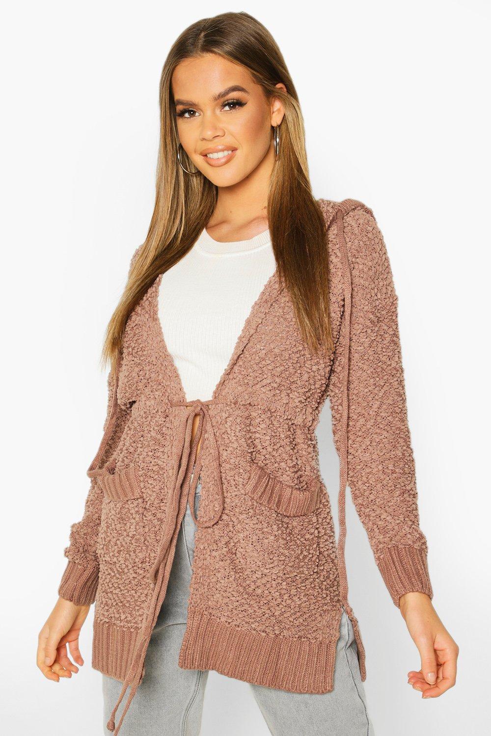 

Кардиган с капюшоном вязаный шишечкой, Taupe