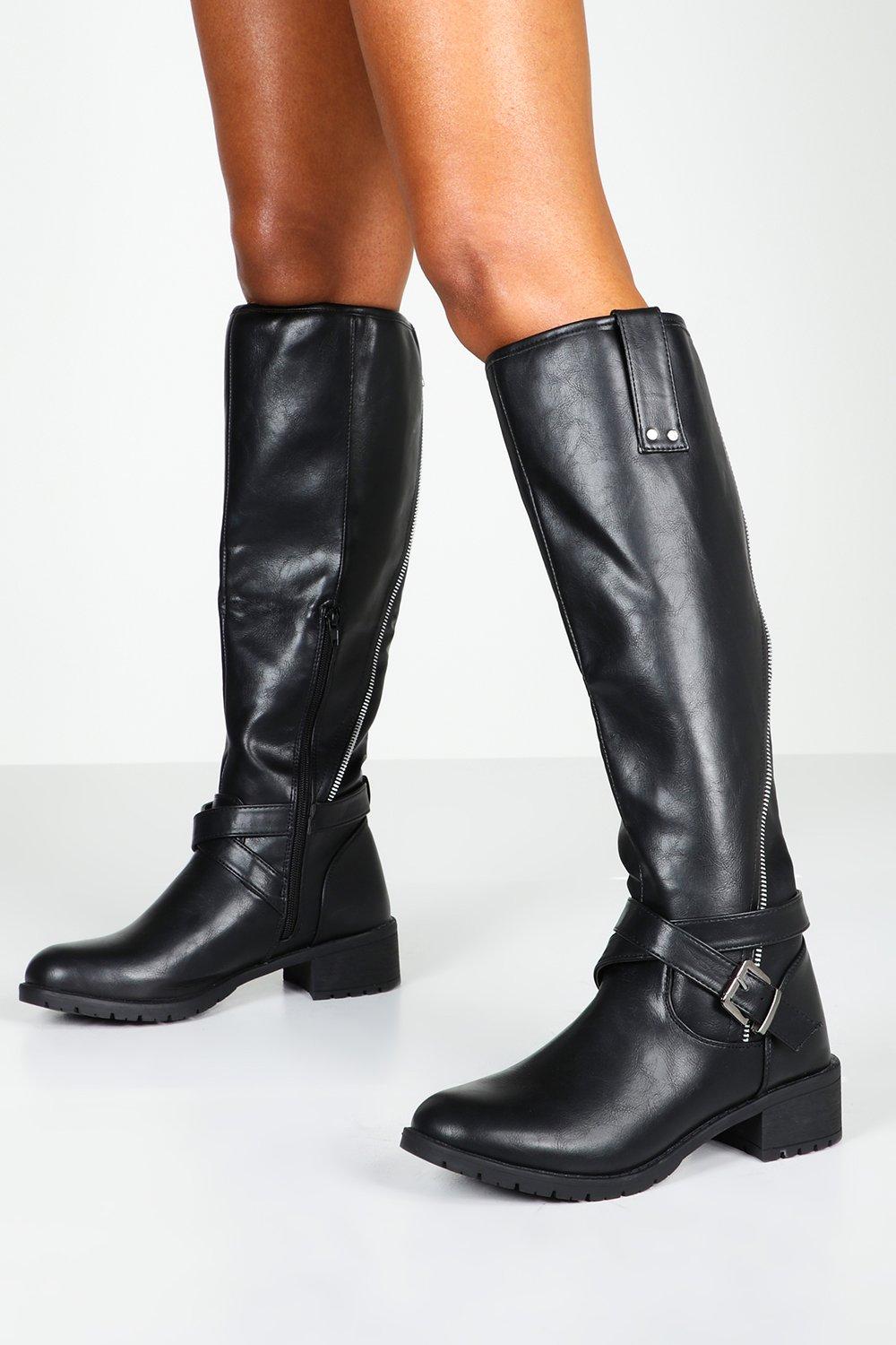 black flat knee high boots with zipper