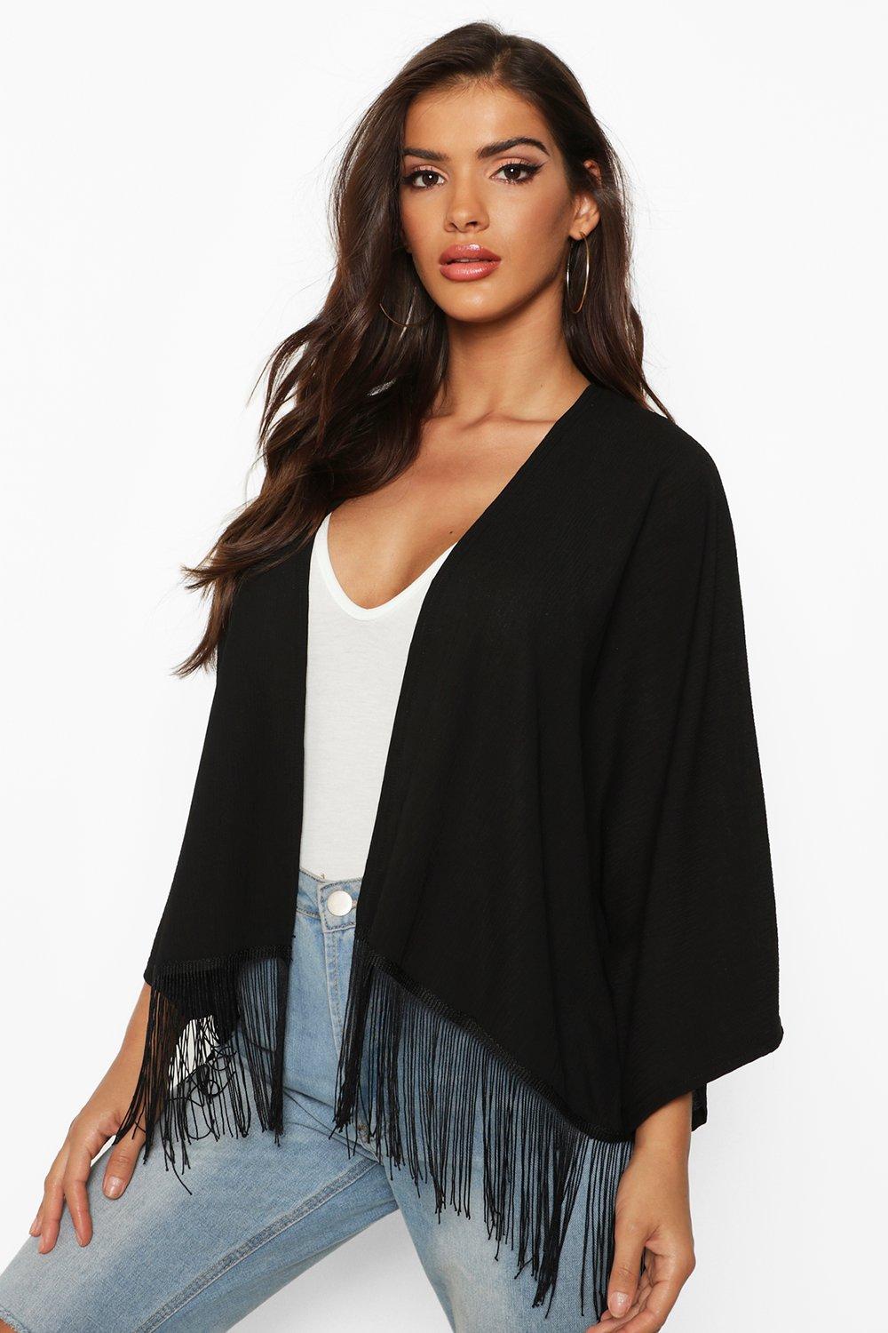 

Укороченное кимоно с отделкой кисточками, Black