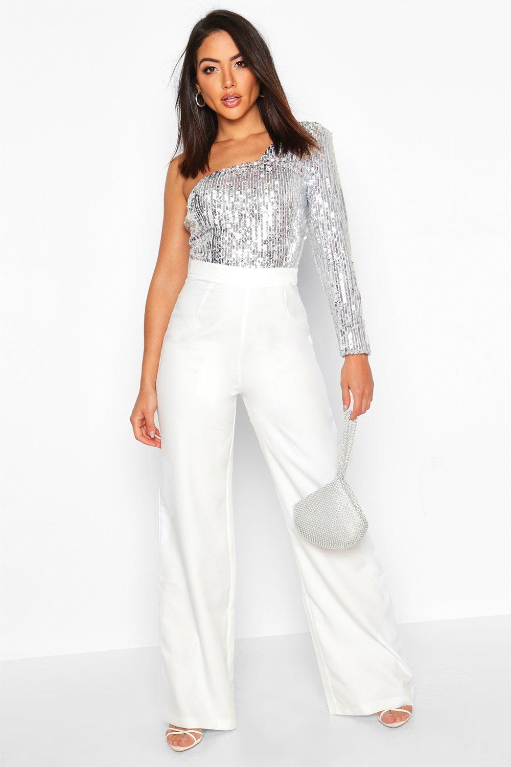 one shoulder glitter jumpsuit