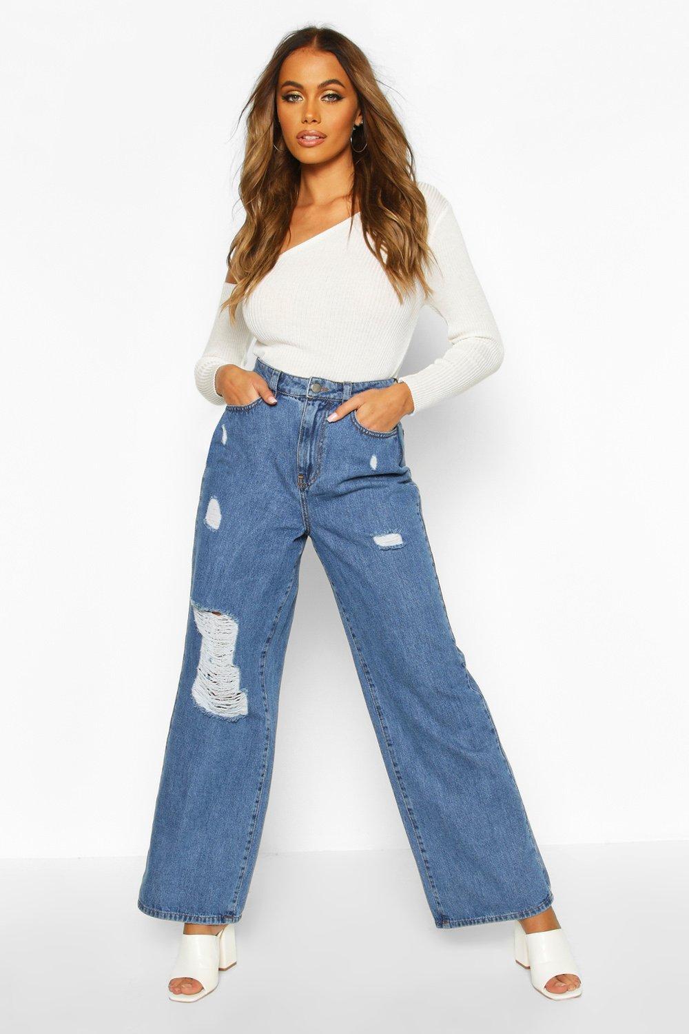 distressed wide leg jeans