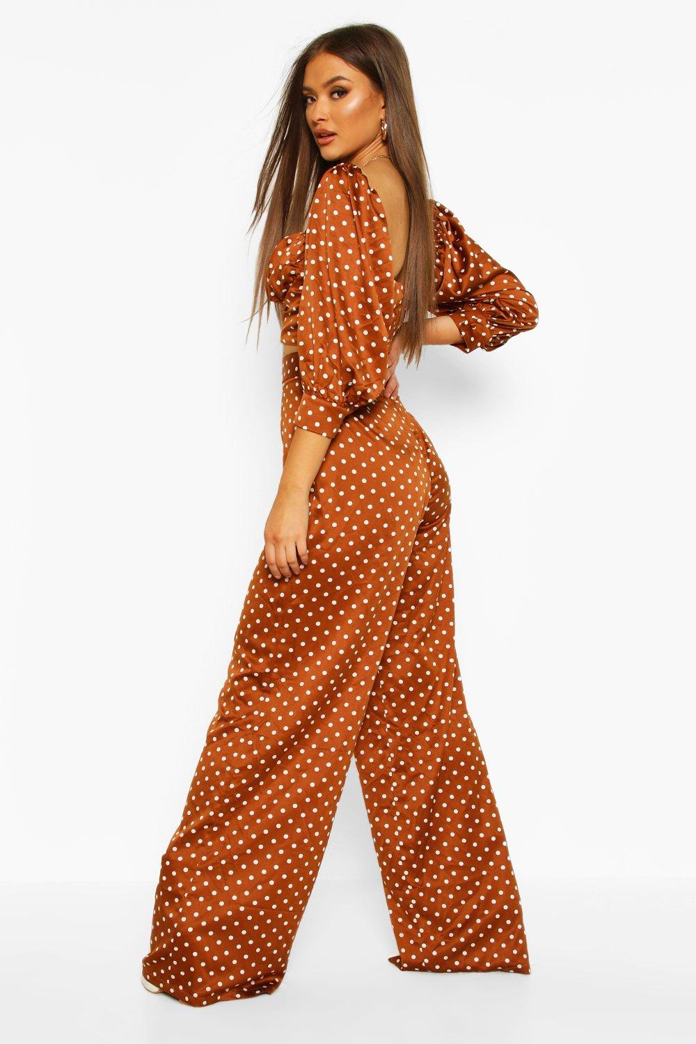 

Широкие брюки из атласа в горошек с поясом, Brown