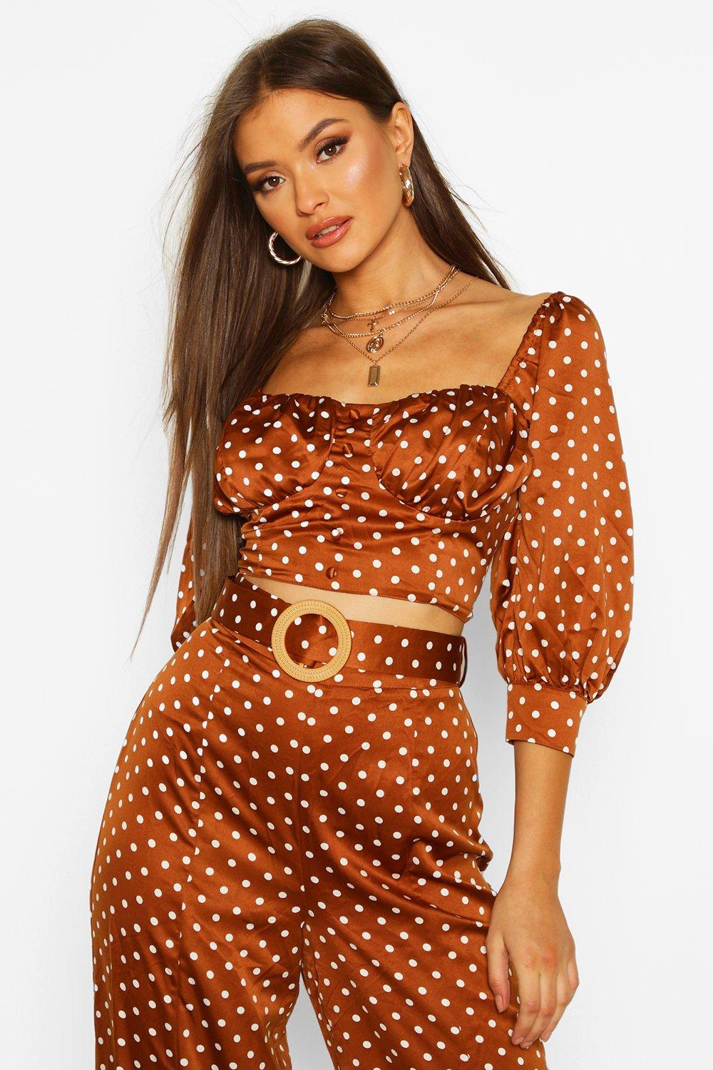 

Топ из атласа в горошек с завязкой, Brown