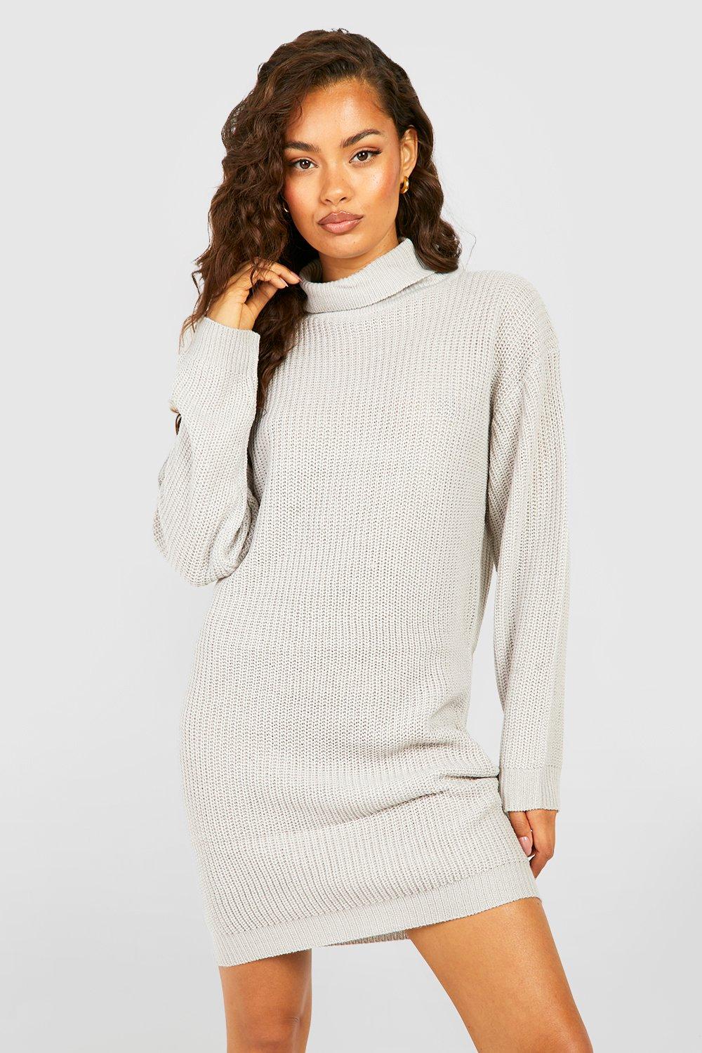 Womens Roll Neck Fisherman Jumper Dress - Grey - S, Grey