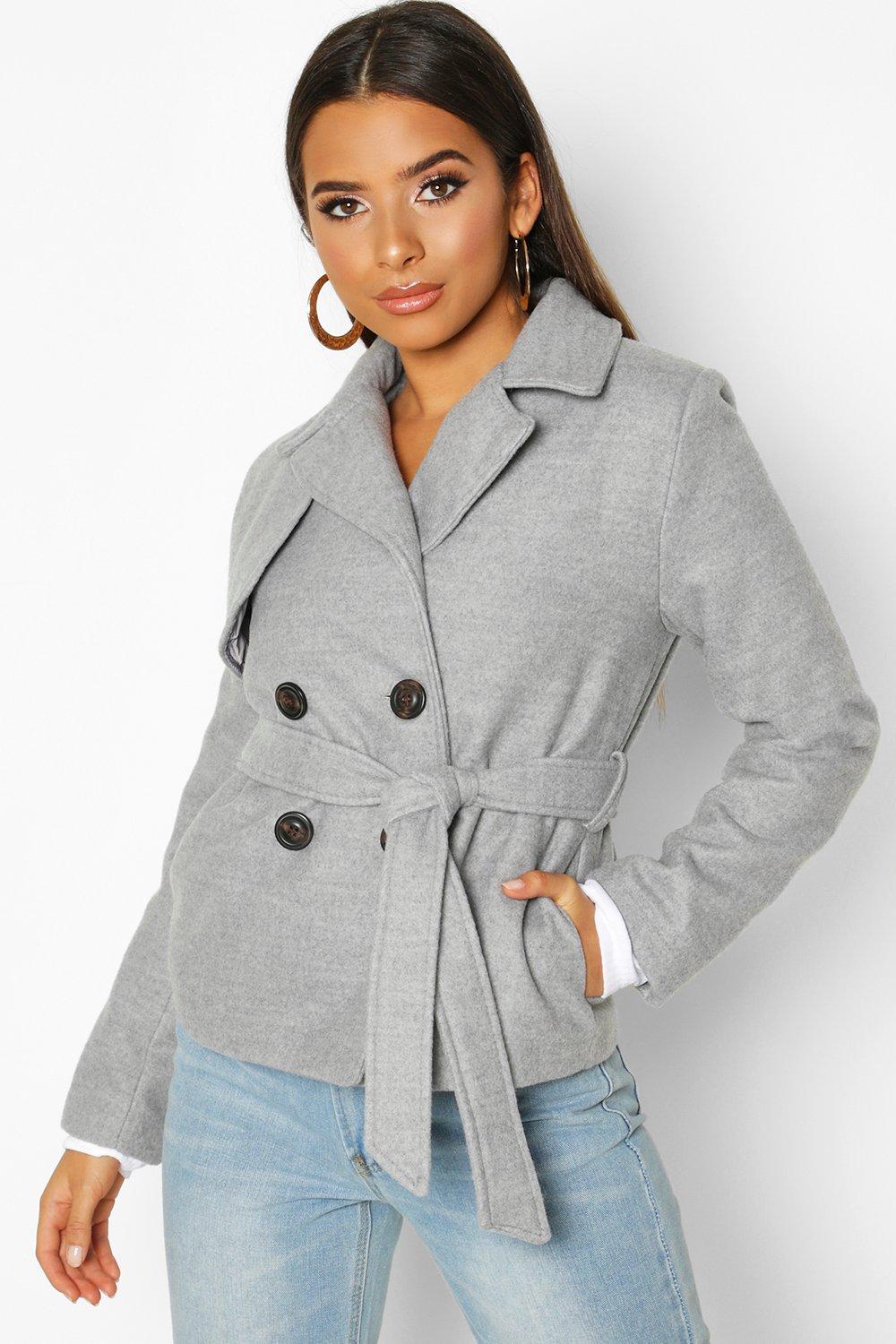

Короткий тренч с эффектом шерстяной ткани с поясом, Grey