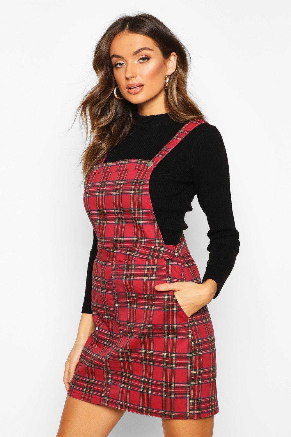 womens red pinafore dress