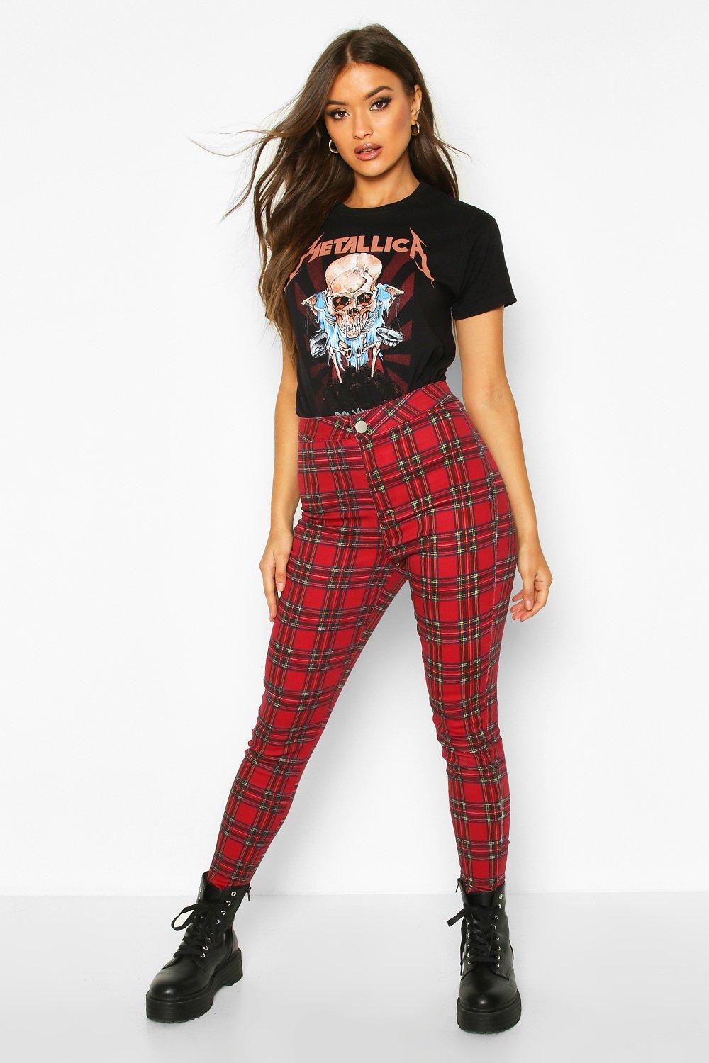 red tartan skinny jeans