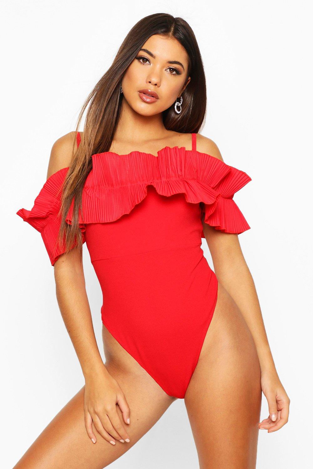 

Боди с вырезом лодочкой и оборками, Red