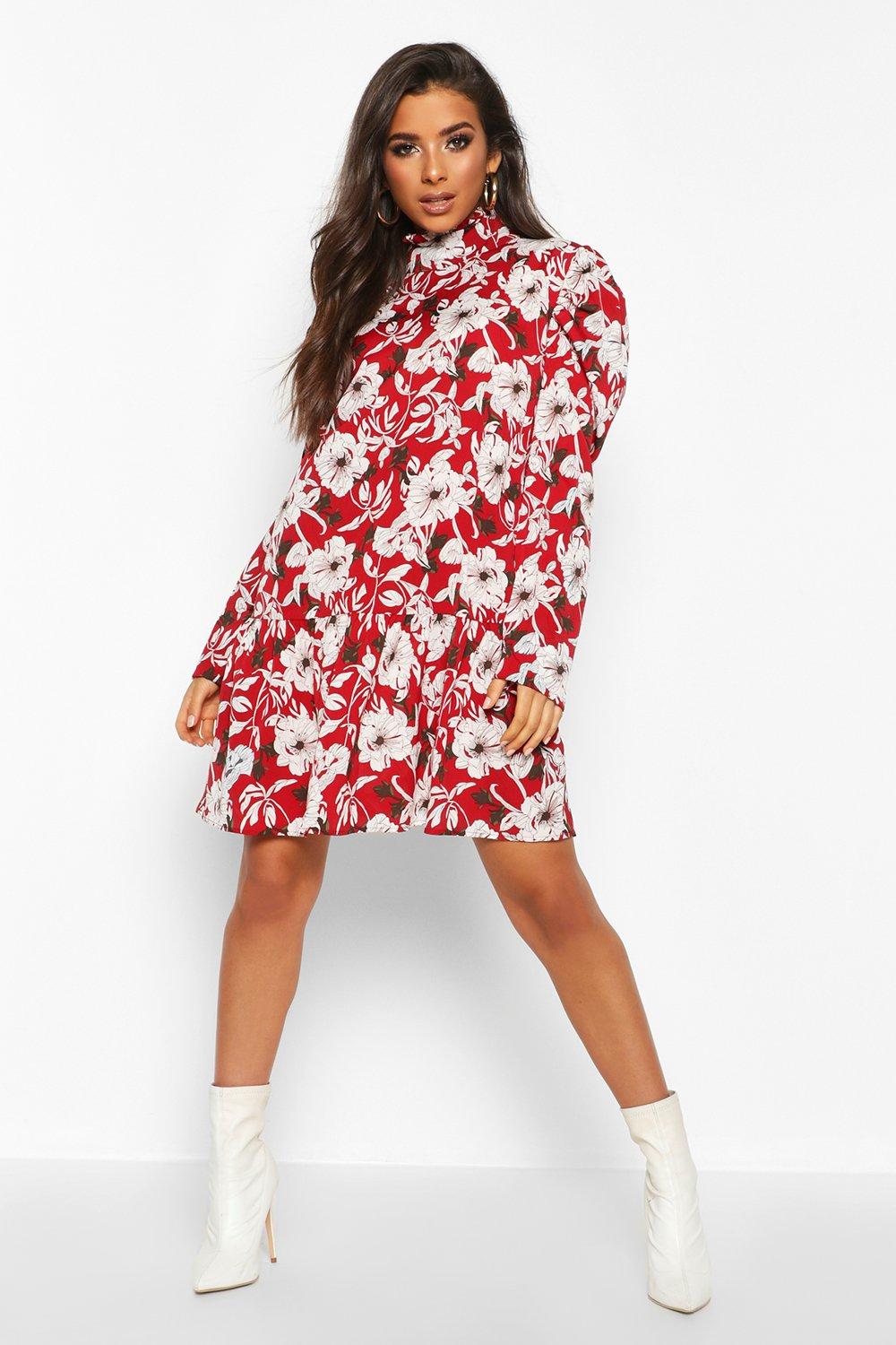 

Свободное платье с цветочным рисунком и высоким воротом, Red