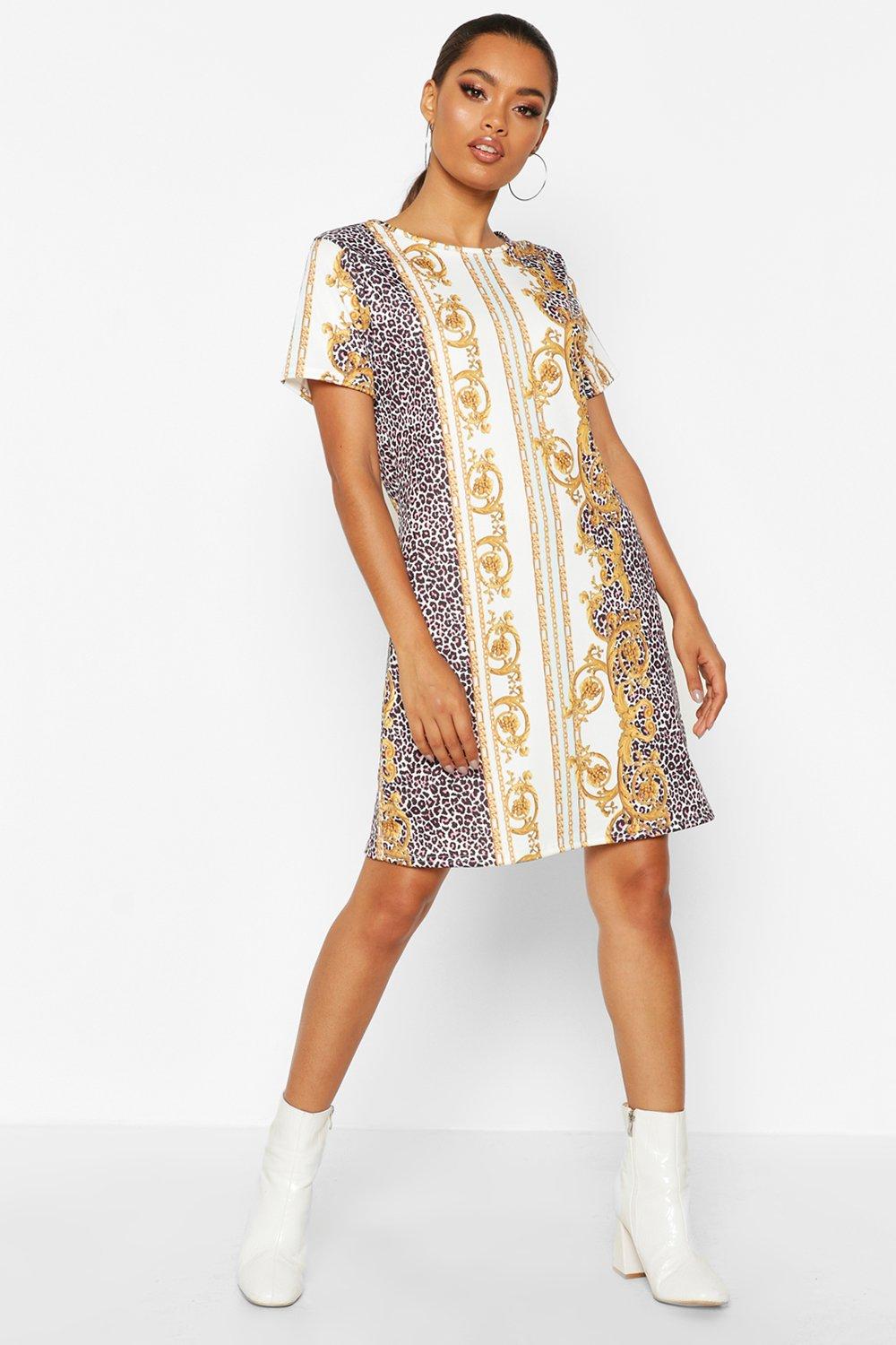 crew neck printed shift dress