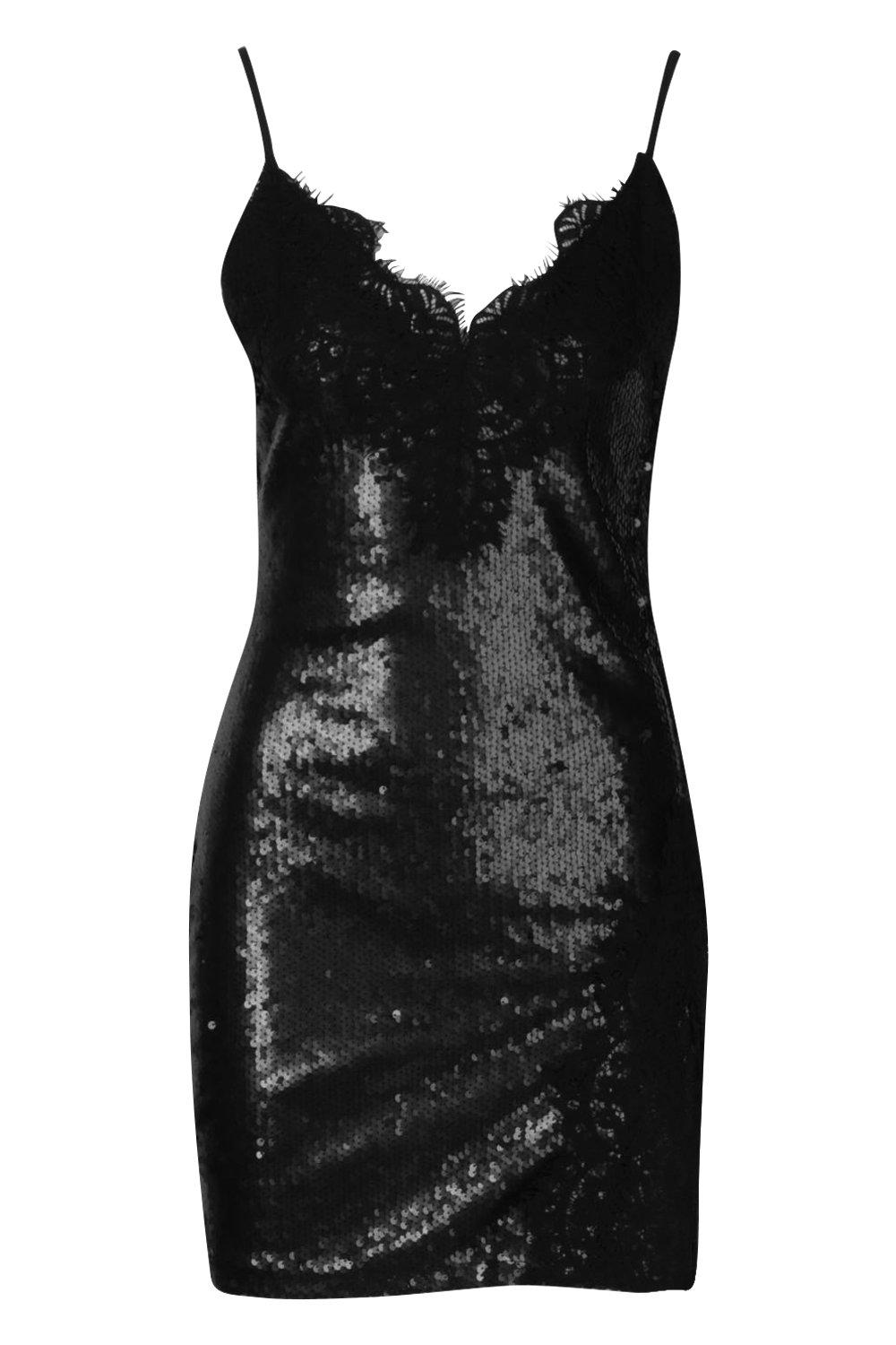 

Мини платье с пайетками и кружевом, Black