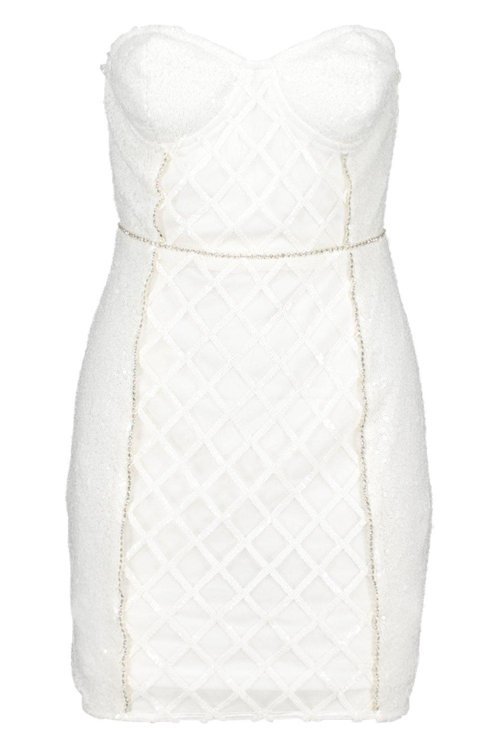 

Мини платье в клетку с блестками и стразами с чашечками, White