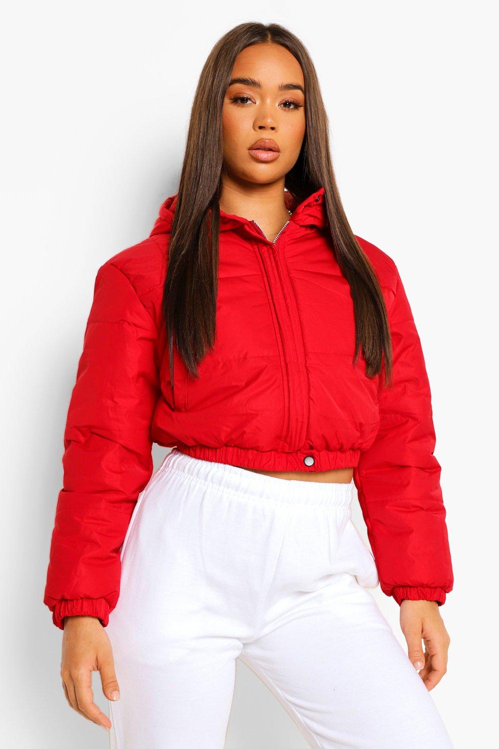 red puffer cropped jacket