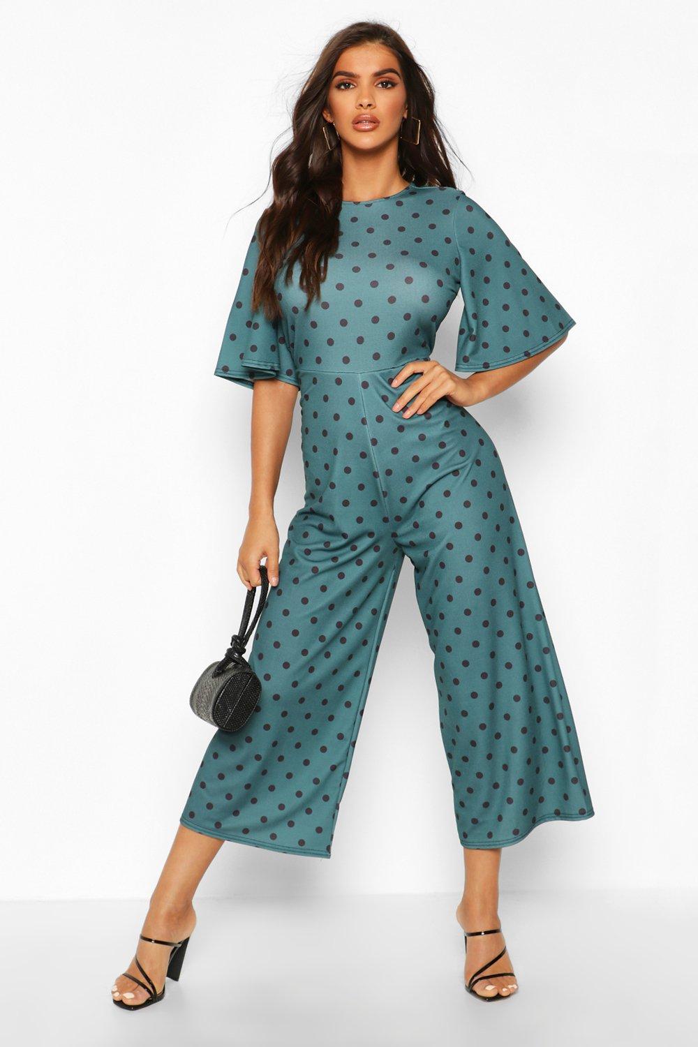 boohoo green polka dot jumpsuit