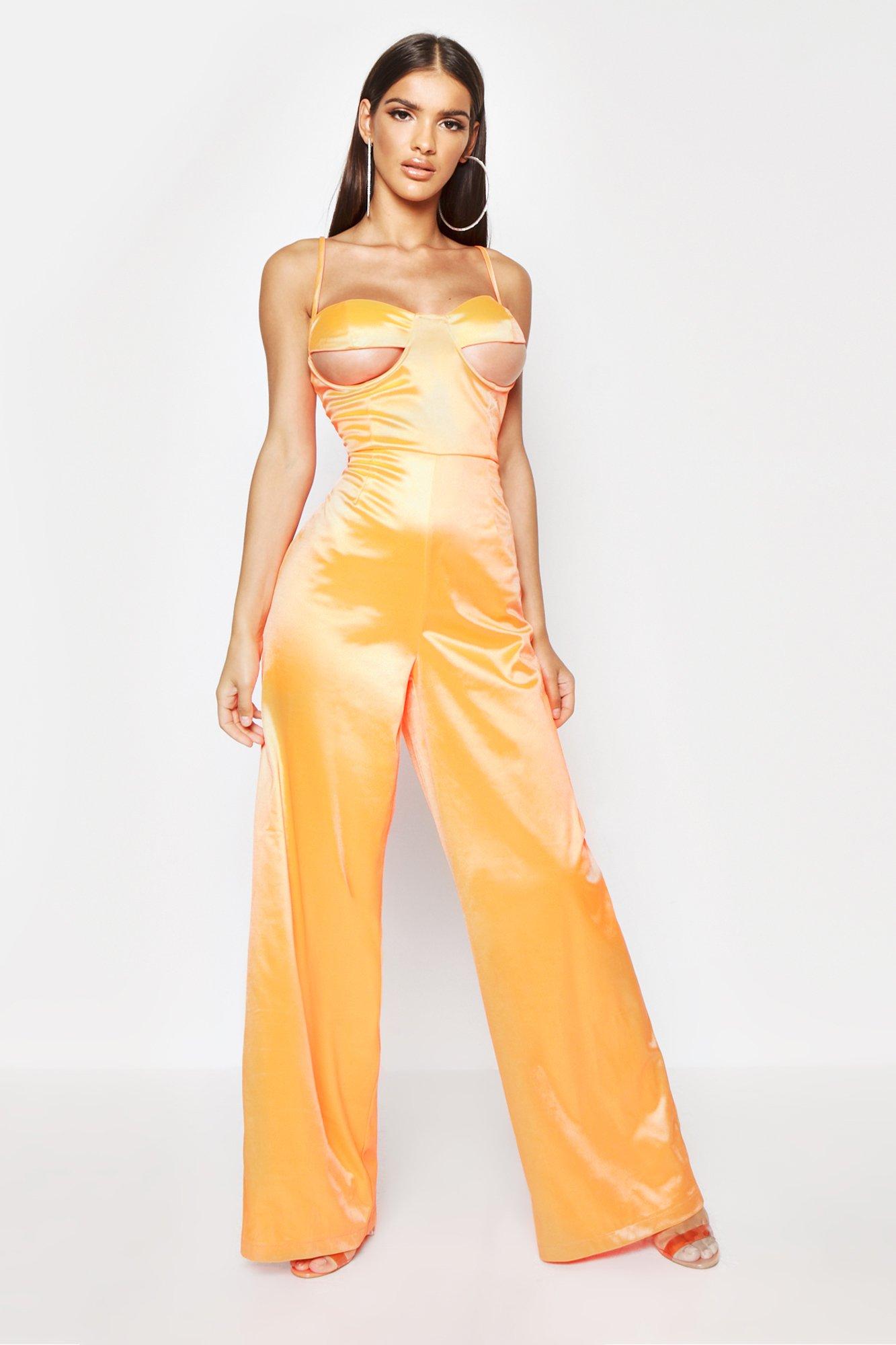 orange satin jumpsuit