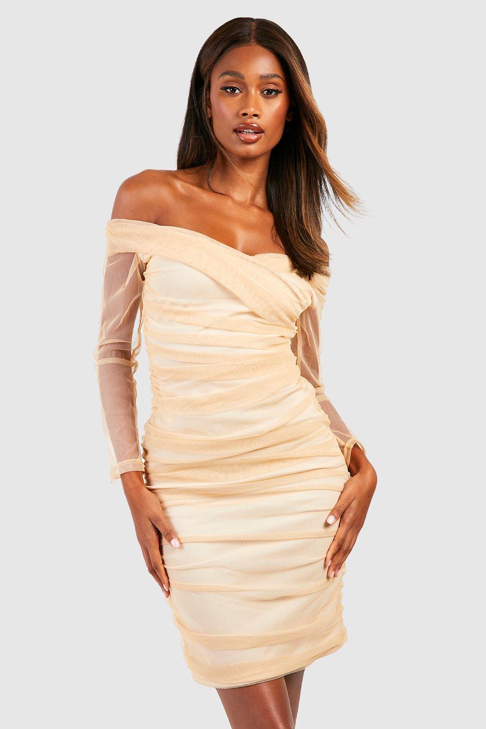 crossover off shoulder ruched bodycon dress