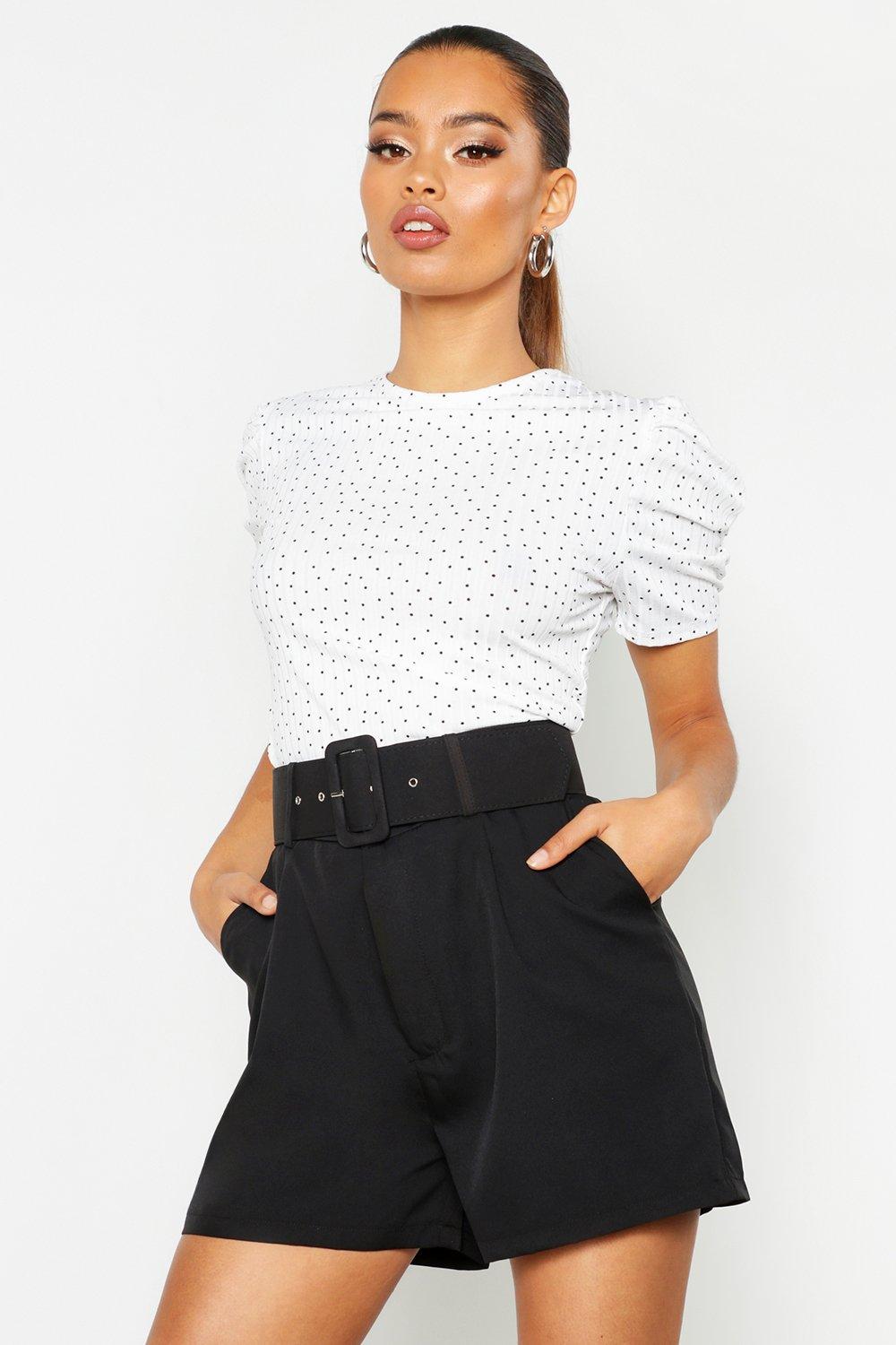 white polka dot puff sleeve top