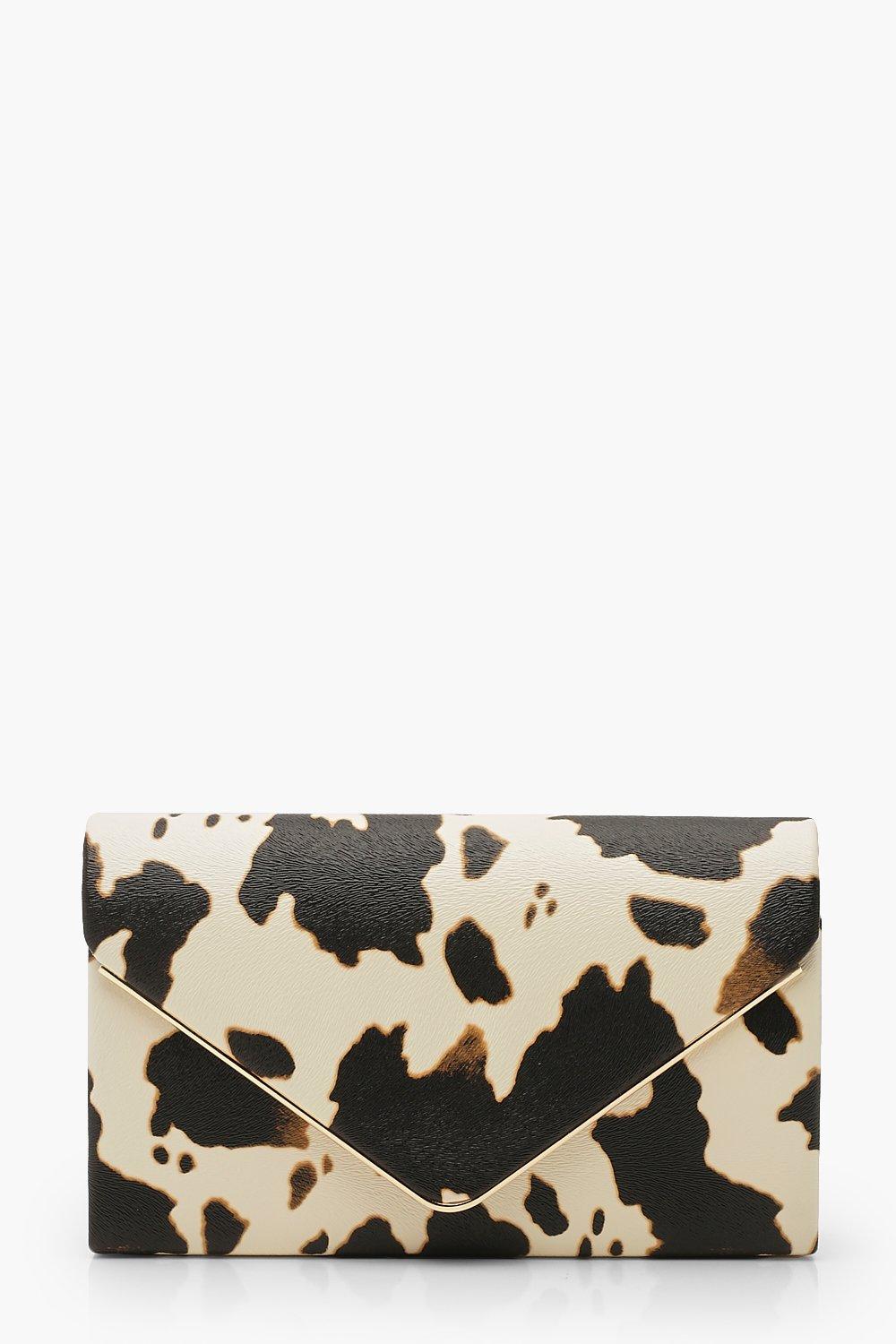 Cow Print Clutch Bag & Chain | Boohoo