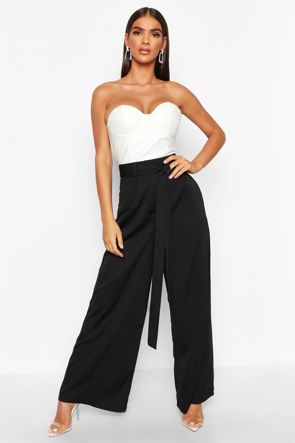 

Широкие брюки Luxe в рубчик с завязками на талии, Black