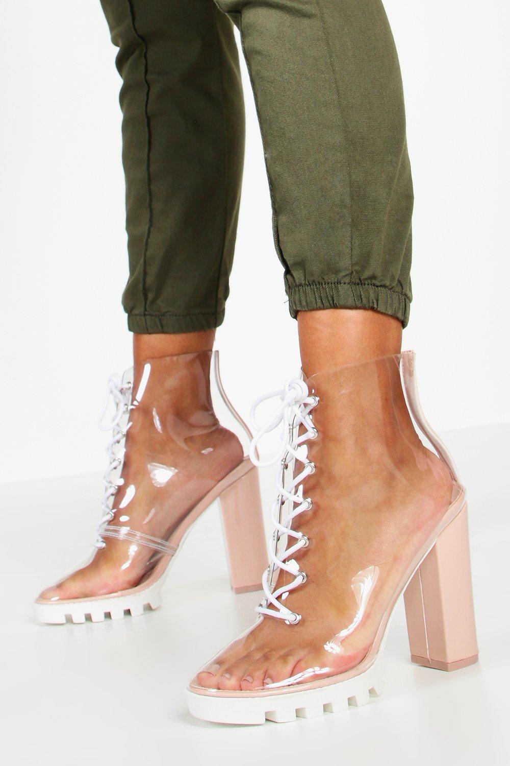 clear lace up block heels
