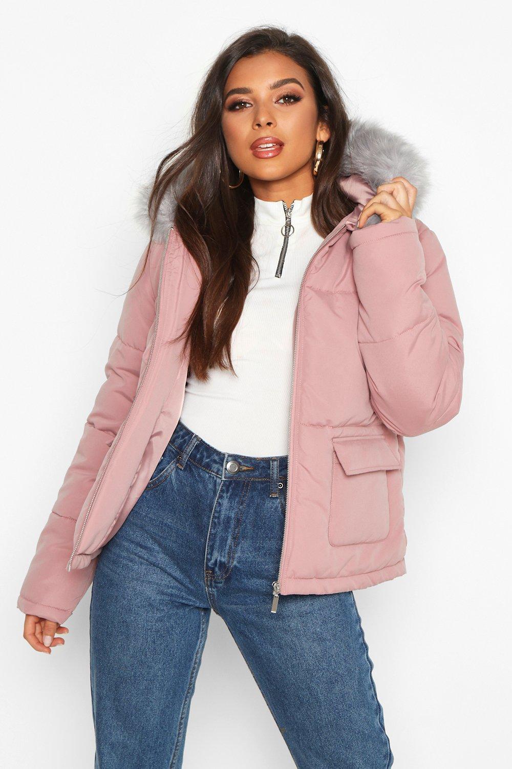 pink puffer jacket with faux fur trim