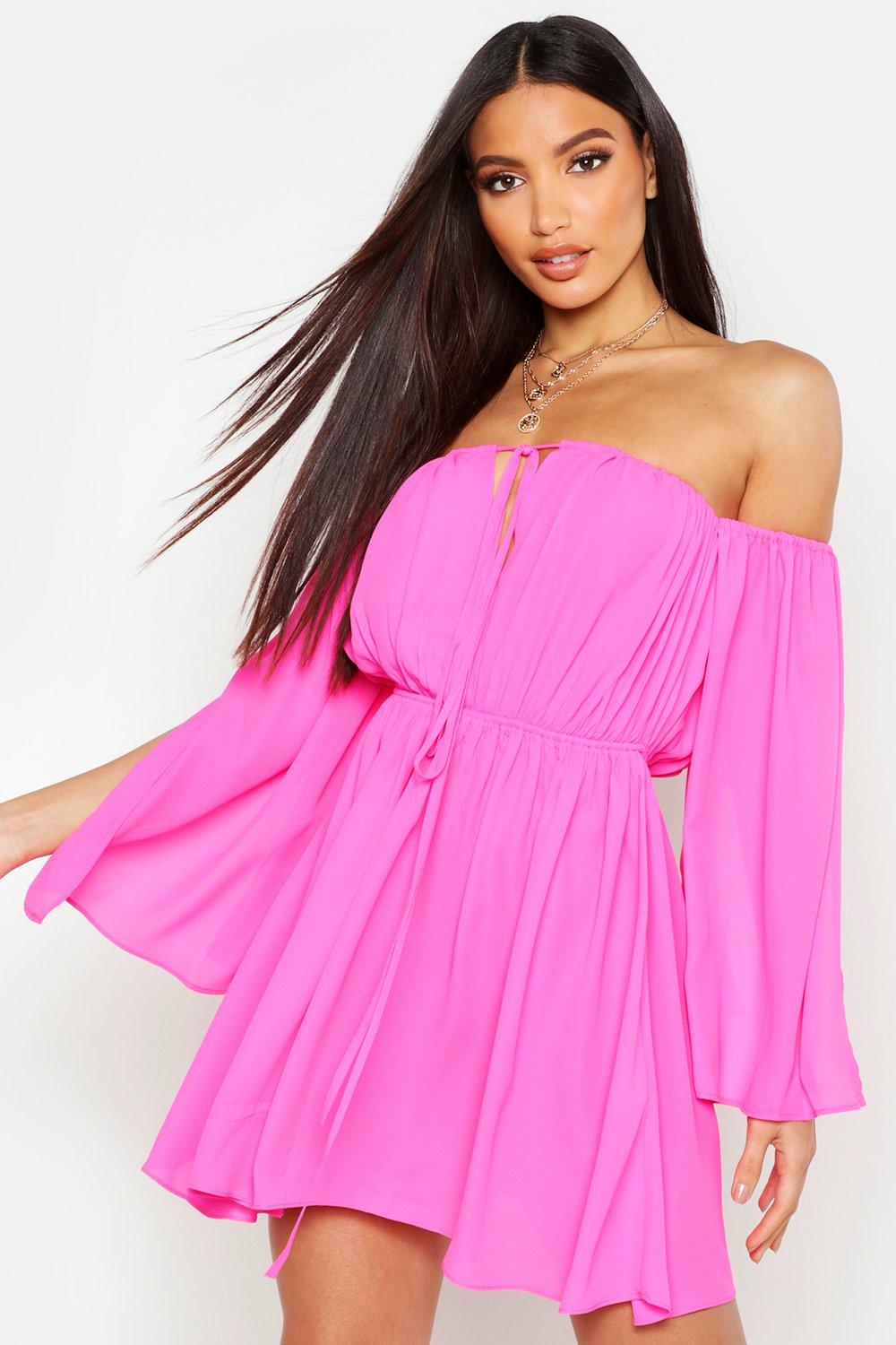 pink flare sleeve dress