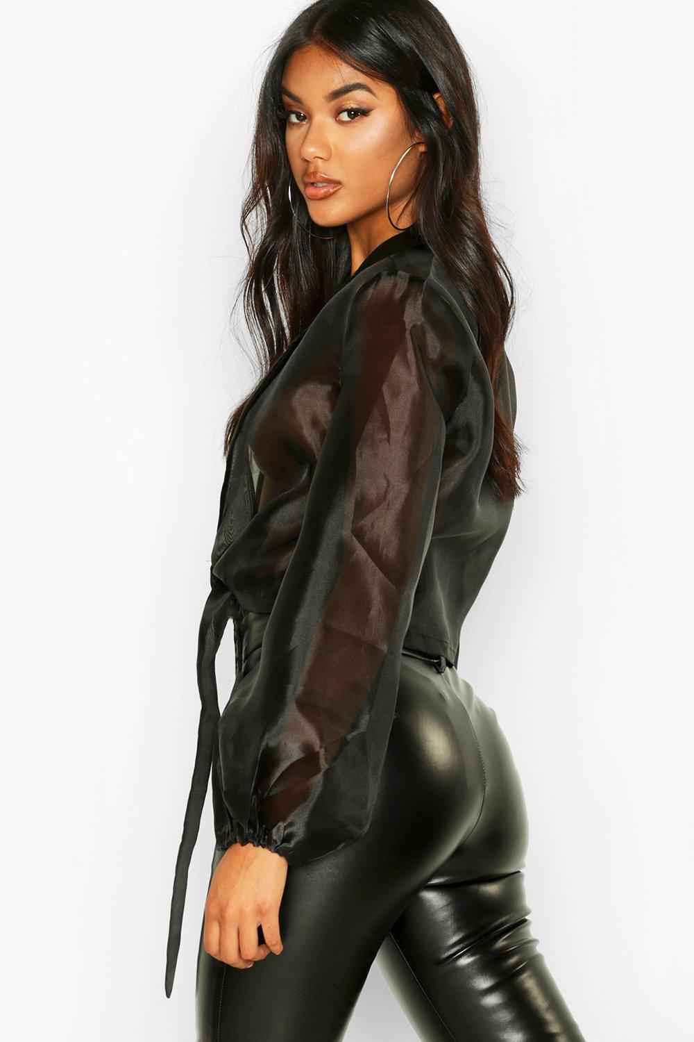 

Укороченная рубашка из органзы с завязками спереди, Black