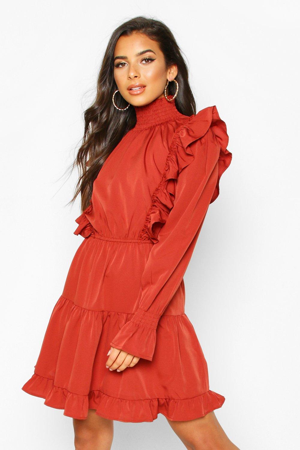 high neck ruffle midi dress