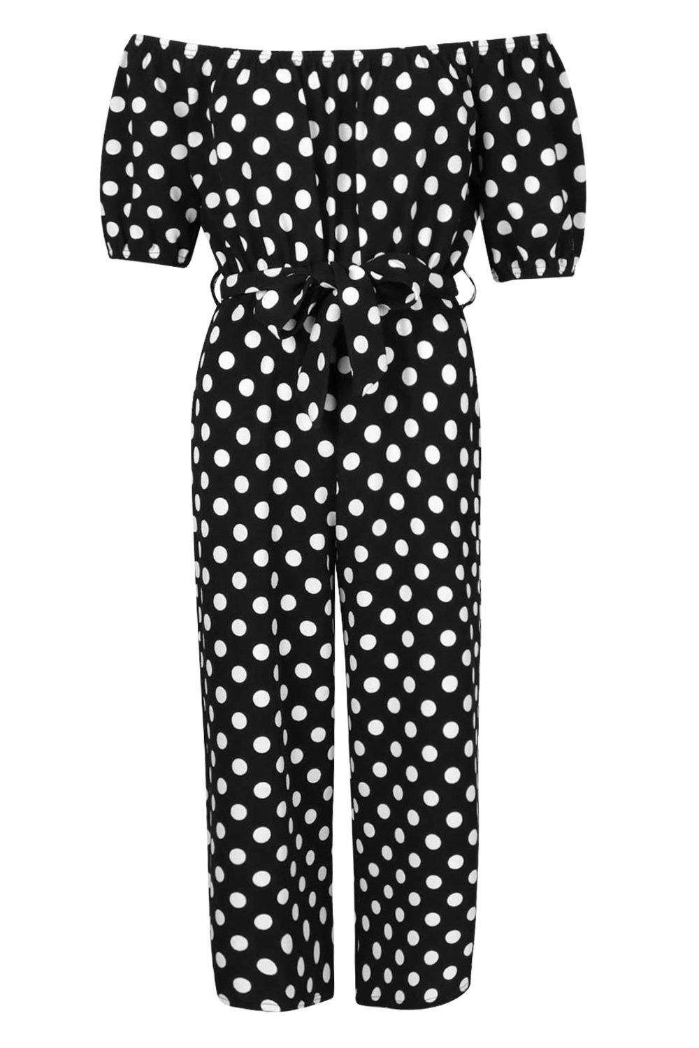 off the shoulder polka dot jumpsuit