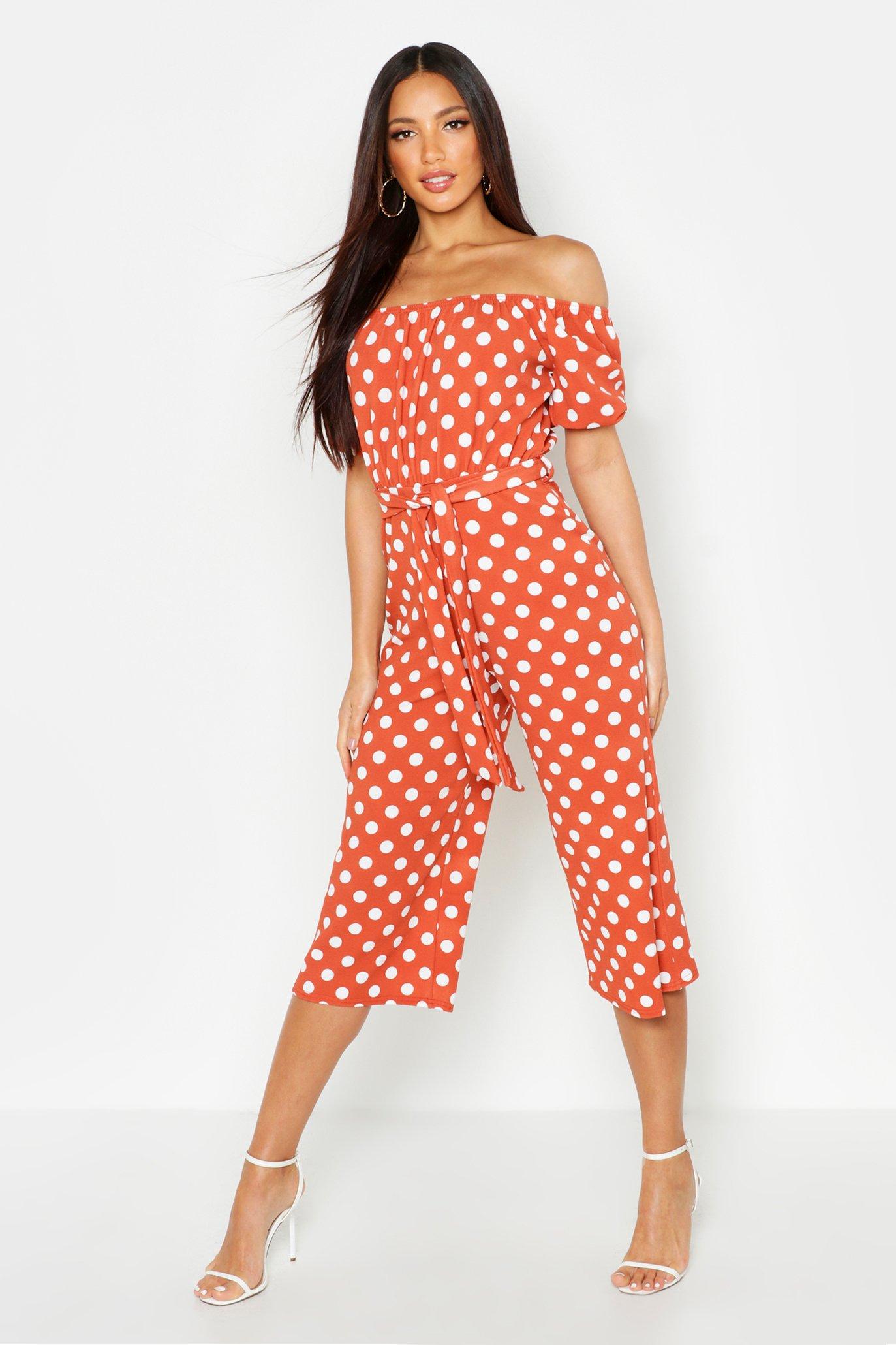 off the shoulder polka dot jumpsuit
