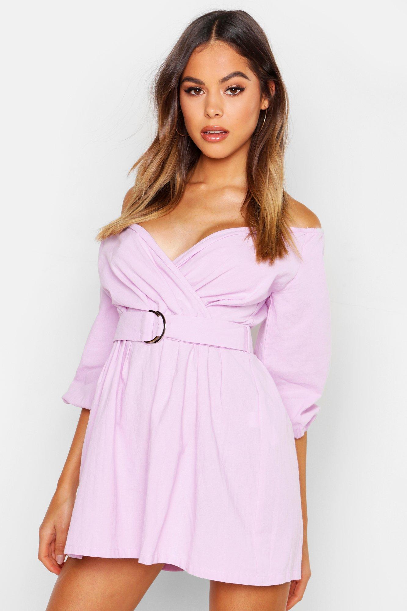 

Linen Mix Bardot Belted Wrap Playsuit, Lilac