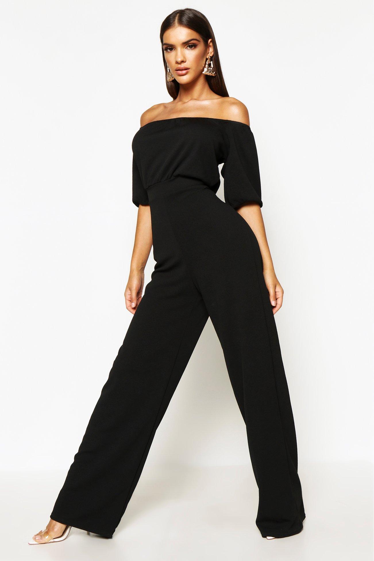 black bardot jumpsuit wide leg