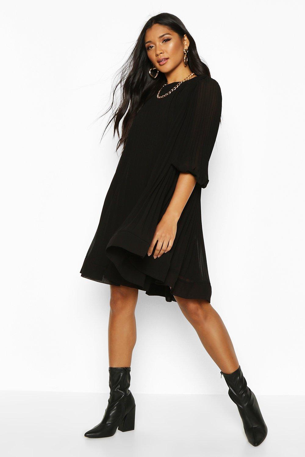 black pleated swing dress