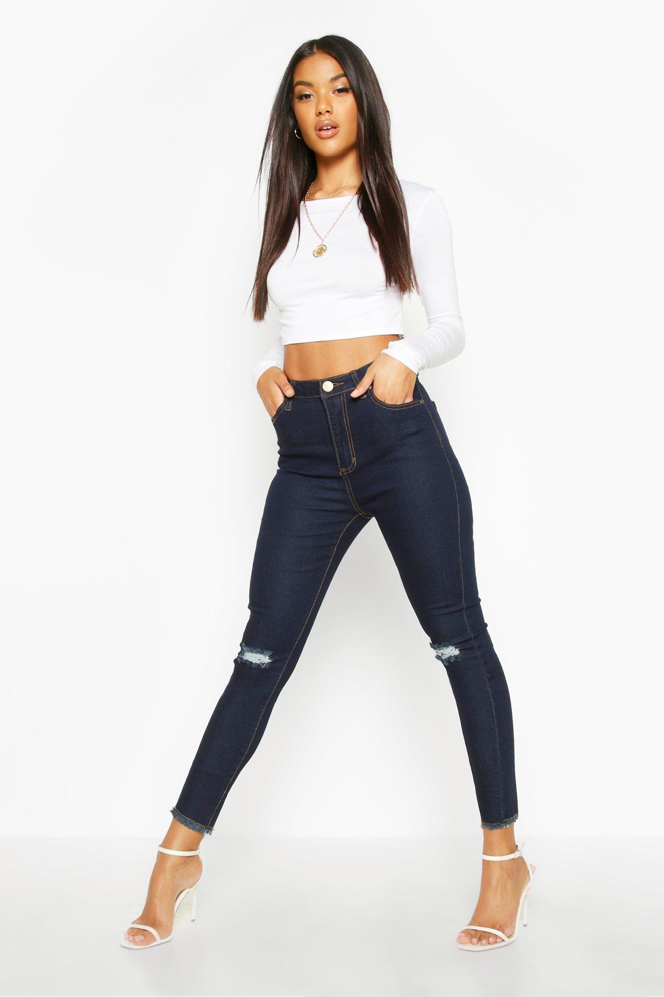 Boohoo Versleten Skinny Jeans Met Gerafelde Zoom, Donkerblauw