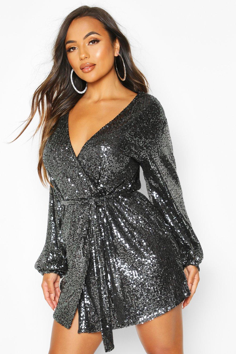 70s Outfits – 70s Style Ideas for Women Womens Petite Belted Balloon Sleeve Sequin Dress - Black - 6 $36.00 AT vintagedancer.com