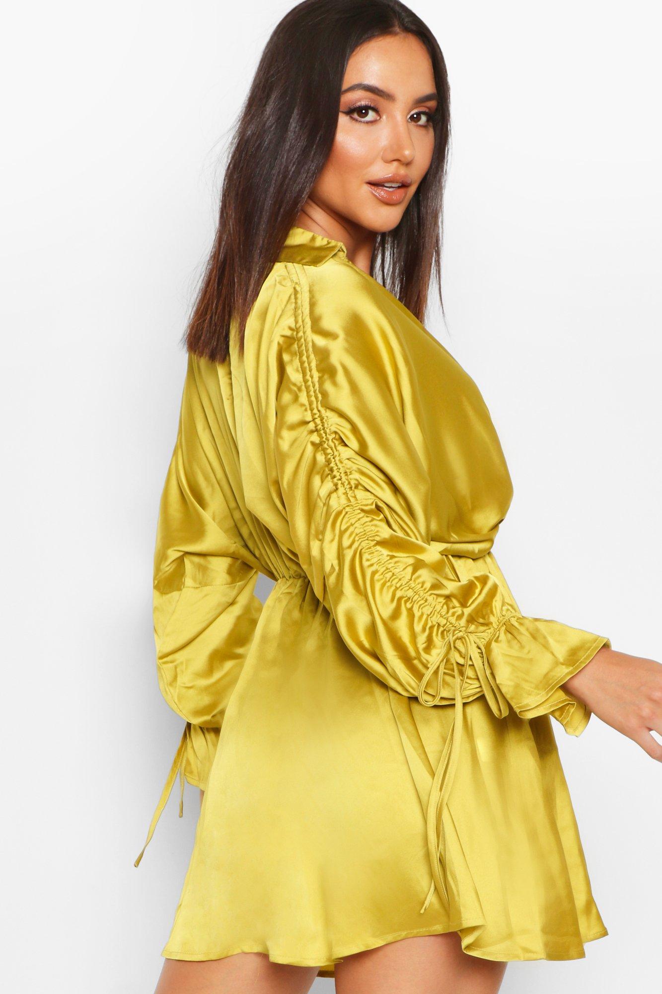 satin ruched shirt dress