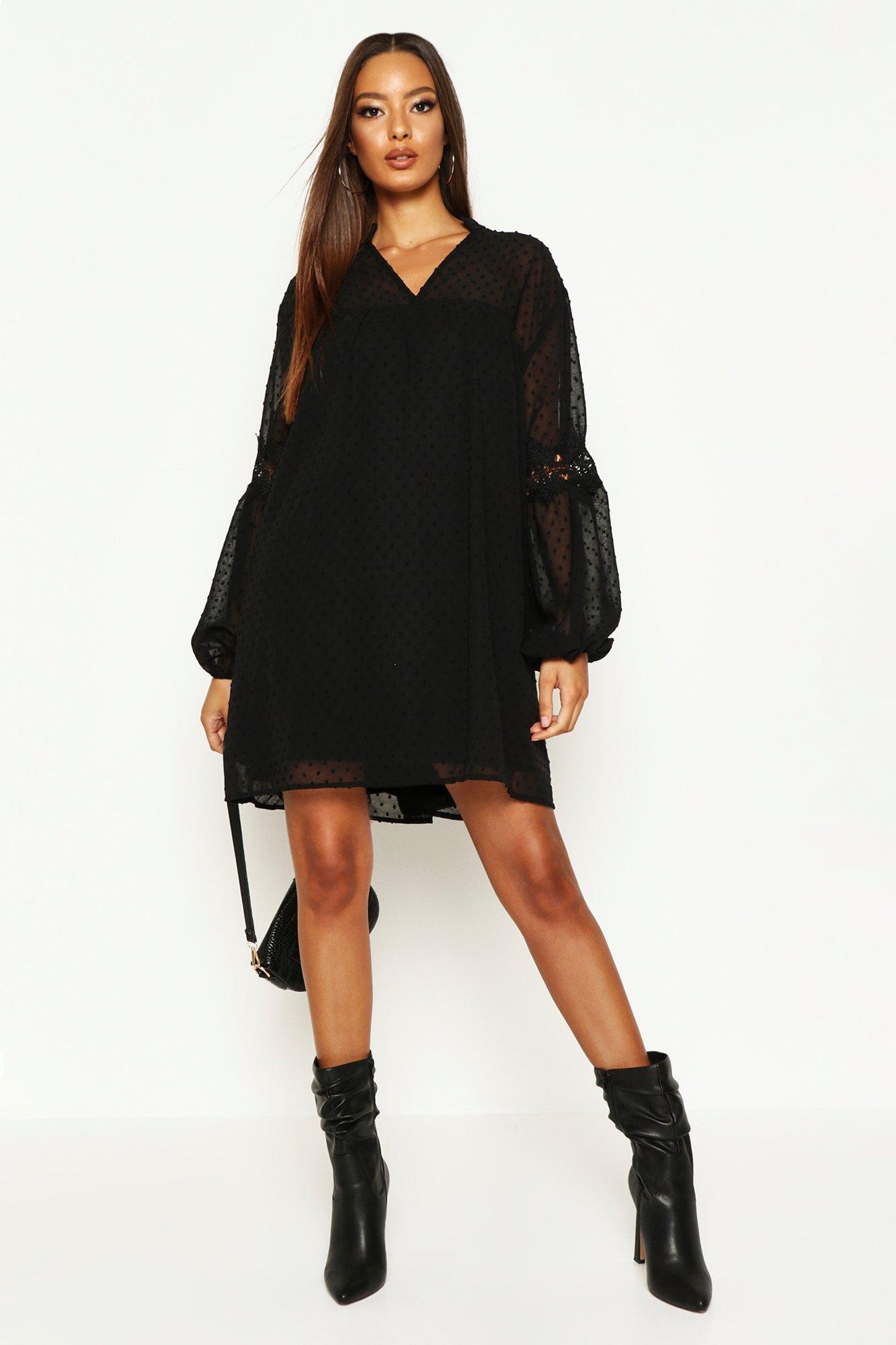 

Свободное платье из ткани добби с кружевной отделкой, Black