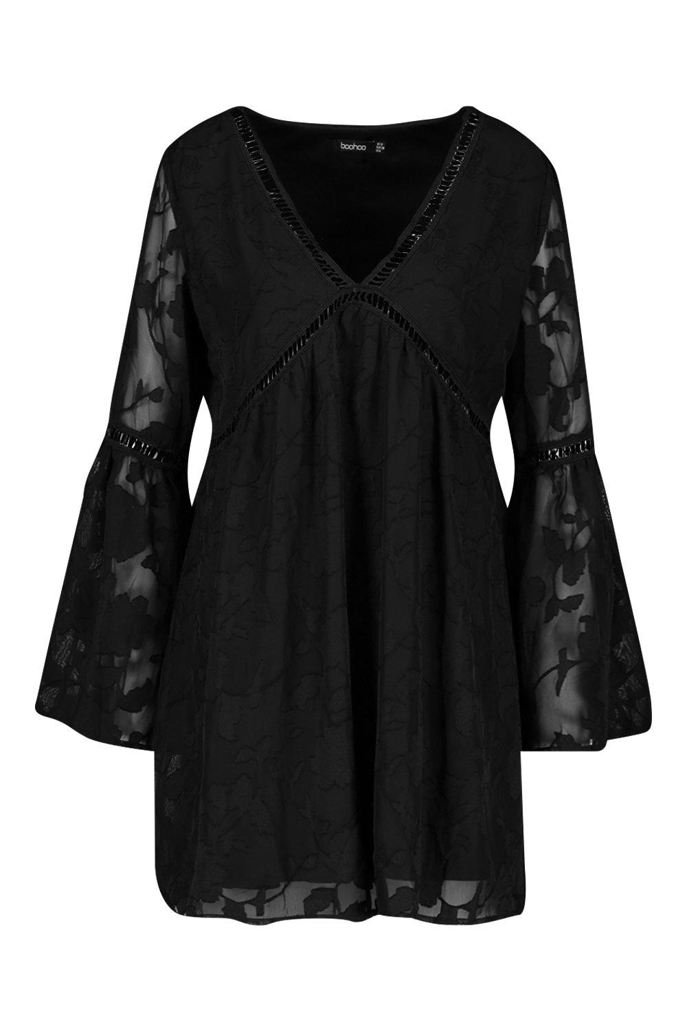 

Свободное платье с отделкой в цветочек из прожженной ткани, Black