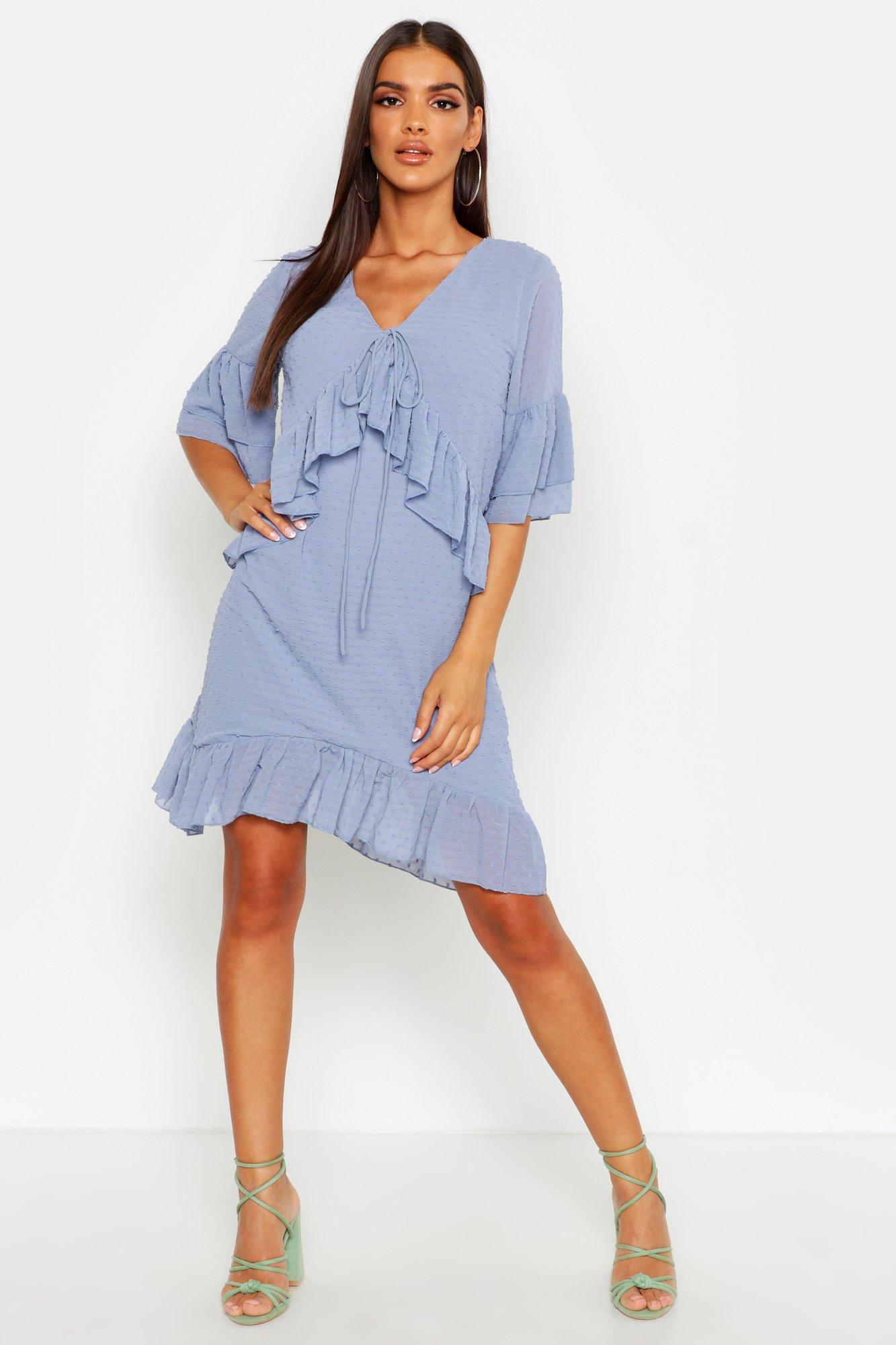 

Свободное платье оверсайз с оборками из ткани добби, Washed blue