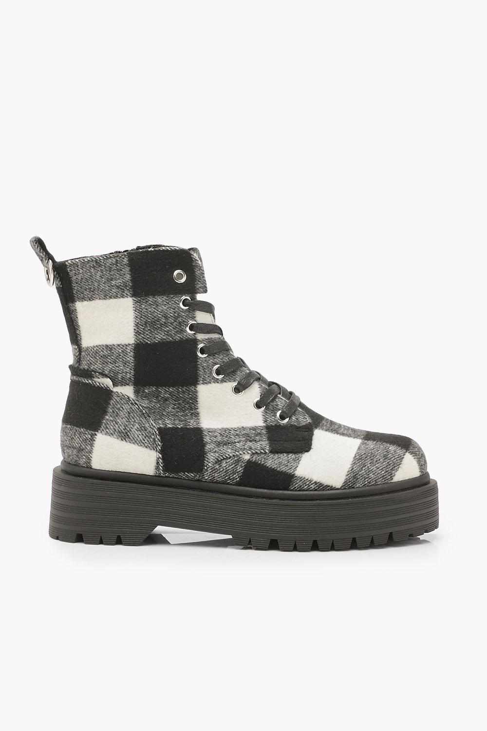 

Oversized Check Print Chunky Hiker Boots, Cream