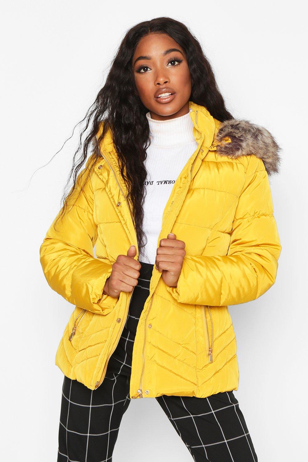 mustard faux fur trim hooded puffer coat